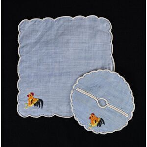 COPY - Vintage cocktail napkin and drink cover blue linen embroidered rooster
